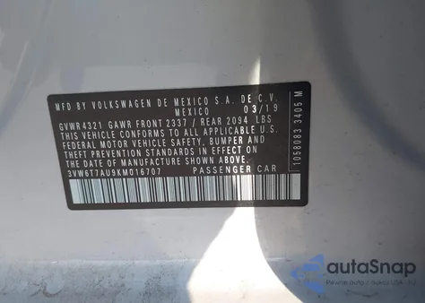 2019 Volkswagen Golf Gti 2.0T Autobahn/2.0T Rabbit Edition/2.0T S/2.0T Se from USA, damaged, VIN 3VW6T7AU9KM016707